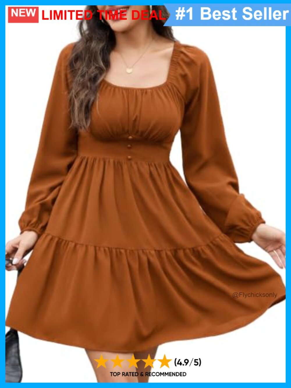 Ruffle Square Neck Long Puff Sleeve Tiered Mini Dress Smocked Back Pockets